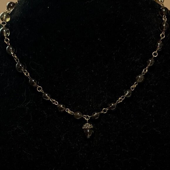 Natural Smoky Quartz Adjustable Short Necklace, Genuine Gemstone + Bronze Acorn - Picture 3 of 13